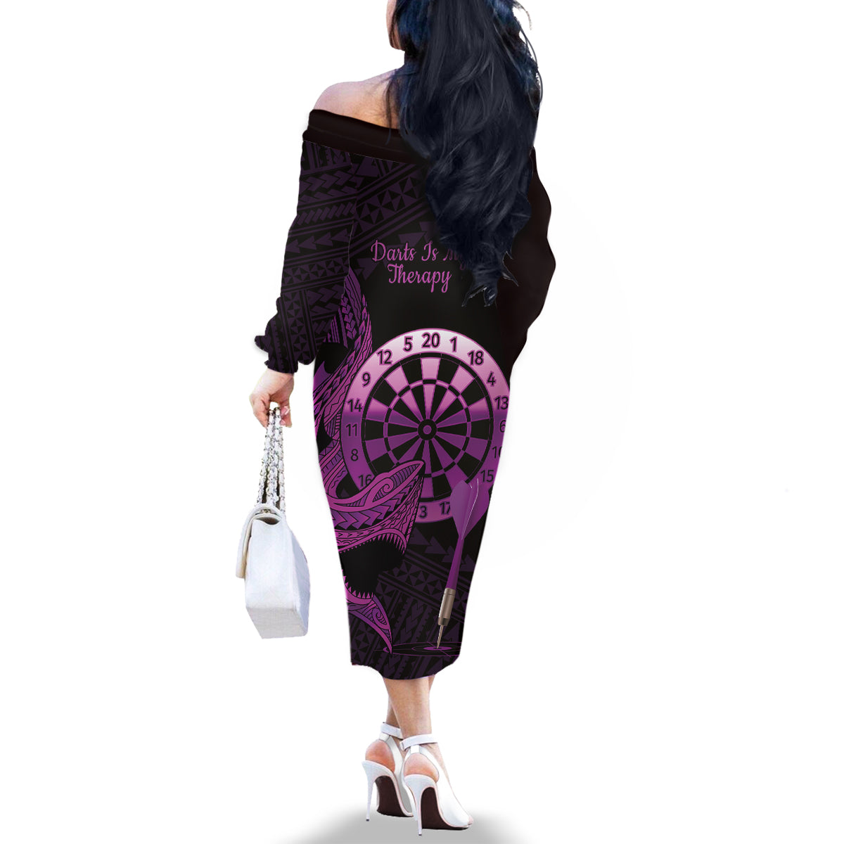 Aloha Hawaii Darts Family Matching Off The Shoulder Long Sleeve Dress and Hawaiian Shirt Dart Board With Polynesian Shark - Purple LT14 - Polynesian Pride