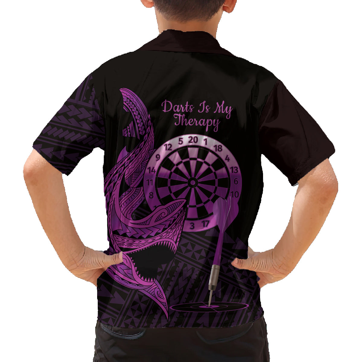 Aloha Hawaii Darts Family Matching Off Shoulder Maxi Dress and Hawaiian Shirt Dart Board With Polynesian Shark - Purple LT14 - Polynesian Pride