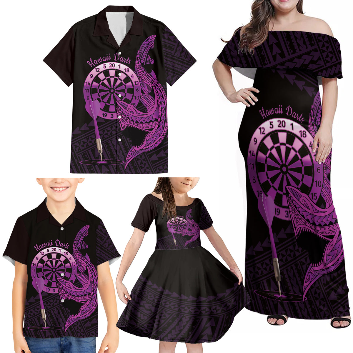 Aloha Hawaii Darts Family Matching Off Shoulder Maxi Dress and Hawaiian Shirt Dart Board With Polynesian Shark - Purple LT14 - Polynesian Pride