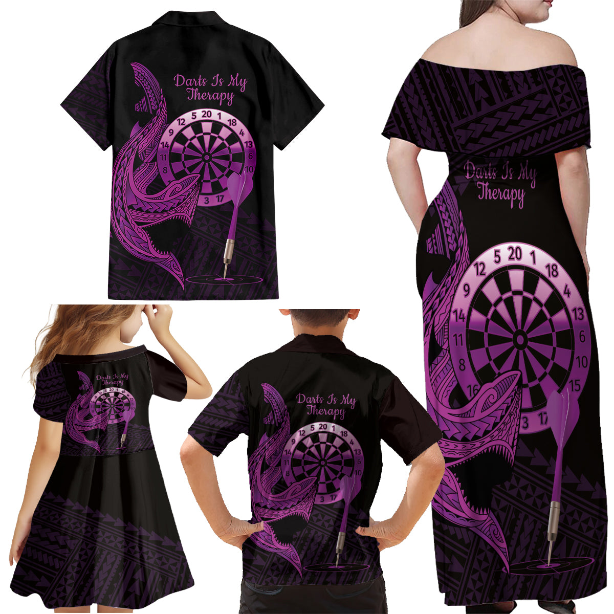 Aloha Hawaii Darts Family Matching Off Shoulder Maxi Dress and Hawaiian Shirt Dart Board With Polynesian Shark - Purple LT14 - Polynesian Pride