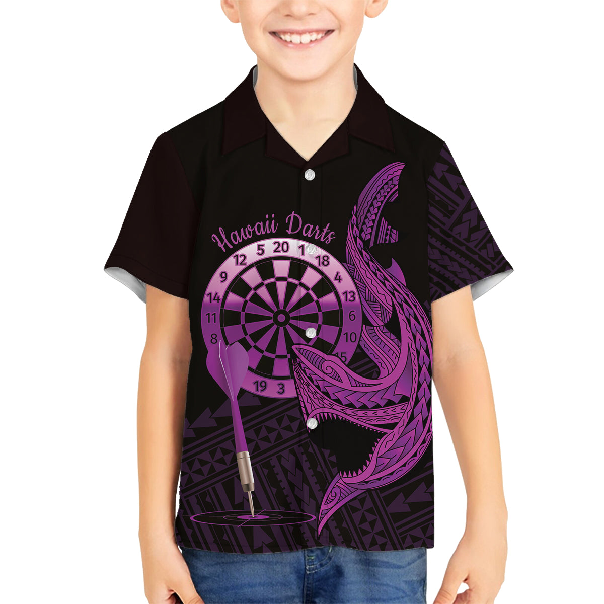 Aloha Hawaii Darts Family Matching Off Shoulder Maxi Dress and Hawaiian Shirt Dart Board With Polynesian Shark - Purple LT14 Son's Shirt Purple - Polynesian Pride