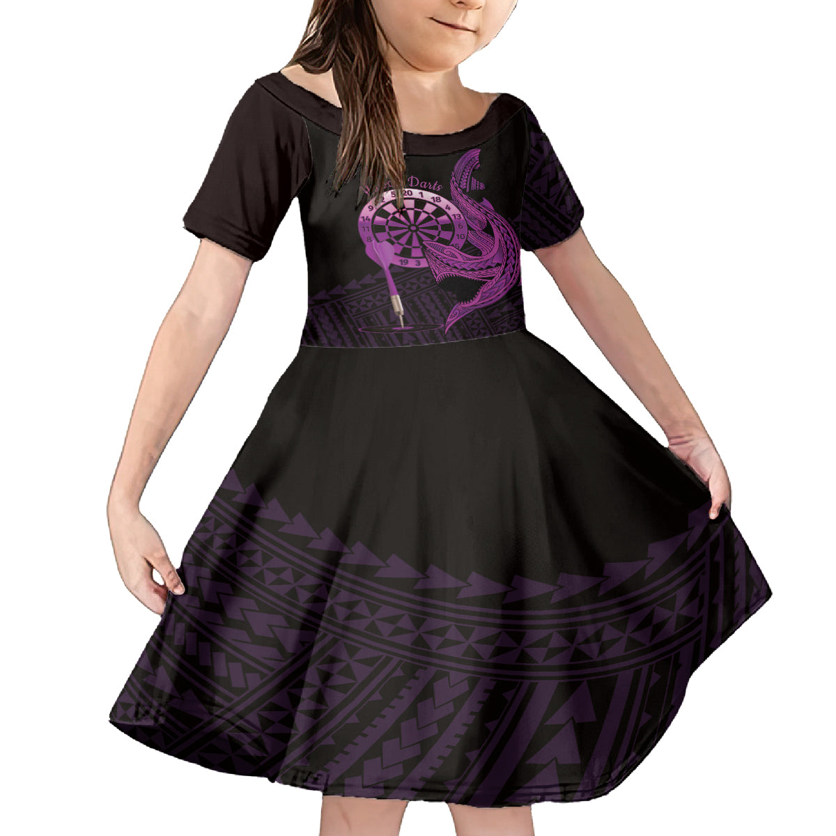 Aloha Hawaii Darts Family Matching Off Shoulder Short Dress and Hawaiian Shirt Dart Board With Polynesian Shark - Purple LT14 Daughter's Dress Purple - Polynesian Pride