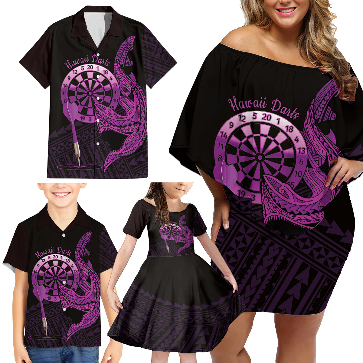 Aloha Hawaii Darts Family Matching Off Shoulder Short Dress and Hawaiian Shirt Dart Board With Polynesian Shark - Purple LT14 - Polynesian Pride