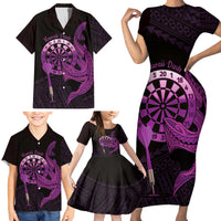 Aloha Hawaii Darts Family Matching Short Sleeve Bodycon Dress and Hawaiian Shirt Dart Board With Polynesian Shark - Purple LT14 - Polynesian Pride