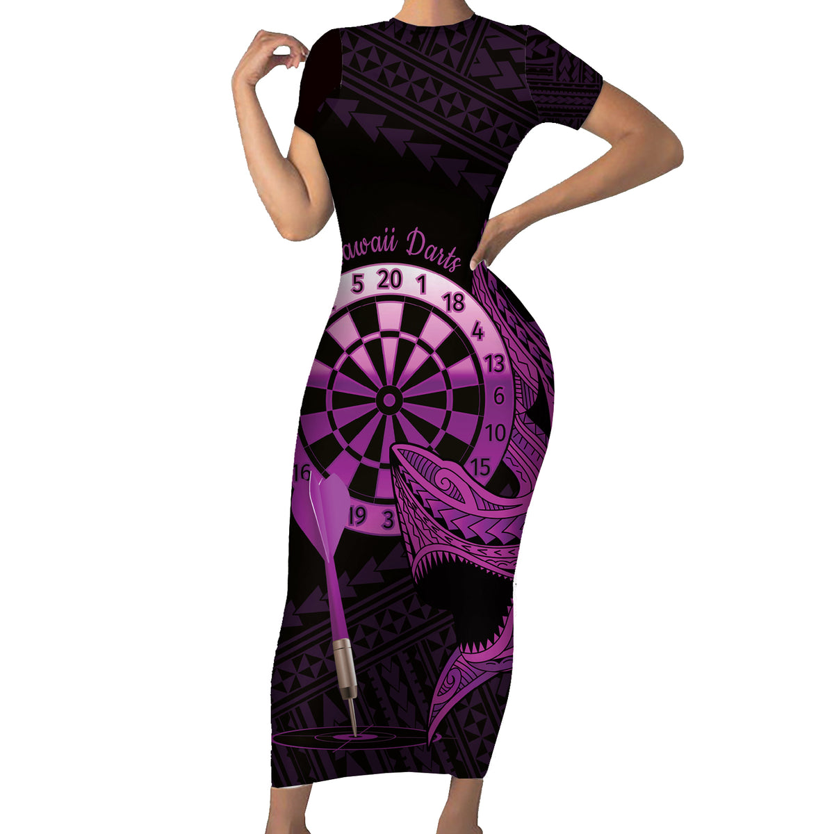 Aloha Hawaii Darts Family Matching Short Sleeve Bodycon Dress and Hawaiian Shirt Dart Board With Polynesian Shark - Purple LT14 Mom's Dress Purple - Polynesian Pride