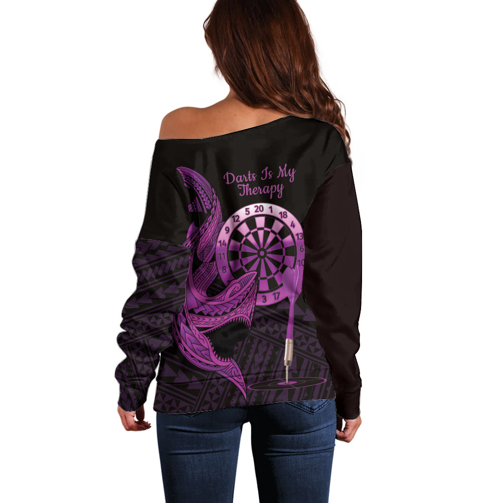 Aloha Hawaii Darts Off Shoulder Sweater Dart Board With Polynesian Shark - Purple