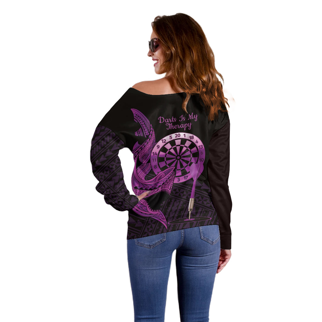 Aloha Hawaii Darts Off Shoulder Sweater Dart Board With Polynesian Shark - Purple