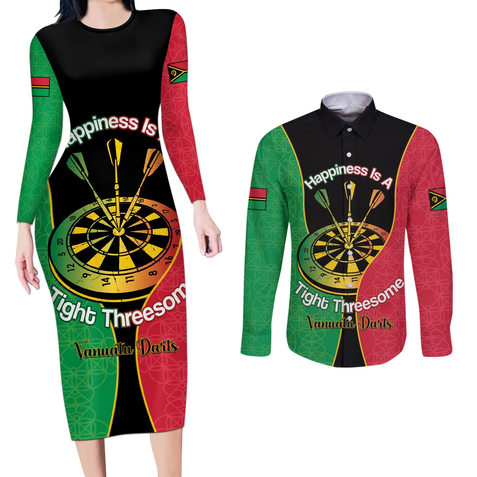 Personalised Vanuatu Darts Couples Matching Long Sleeve Bodycon Dress and Long Sleeve Button Shirt Happiness Is A Tight Threesome Sand Drawing Art