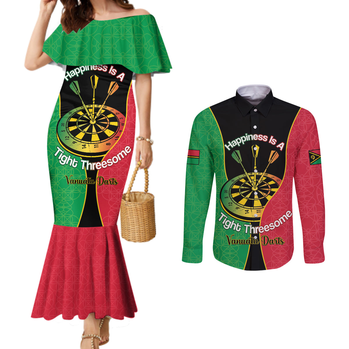 Personalised Vanuatu Darts Couples Matching Mermaid Dress and Long Sleeve Button Shirt Happiness Is A Tight Threesome Sand Drawing Art