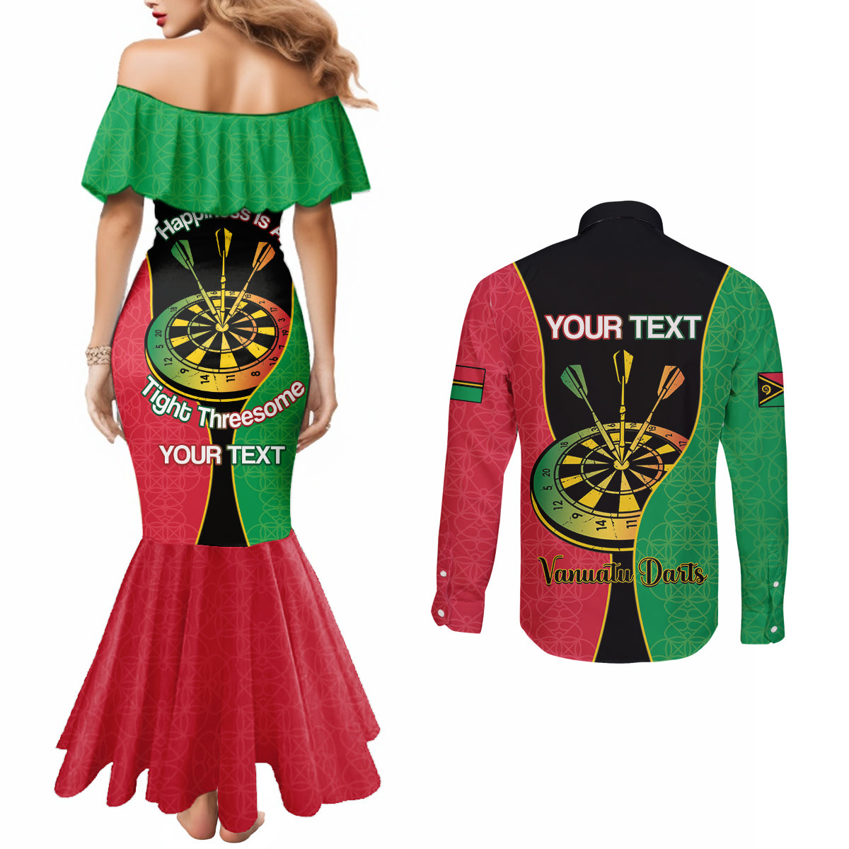 Personalised Vanuatu Darts Couples Matching Mermaid Dress and Long Sleeve Button Shirt Happiness Is A Tight Threesome Sand Drawing Art