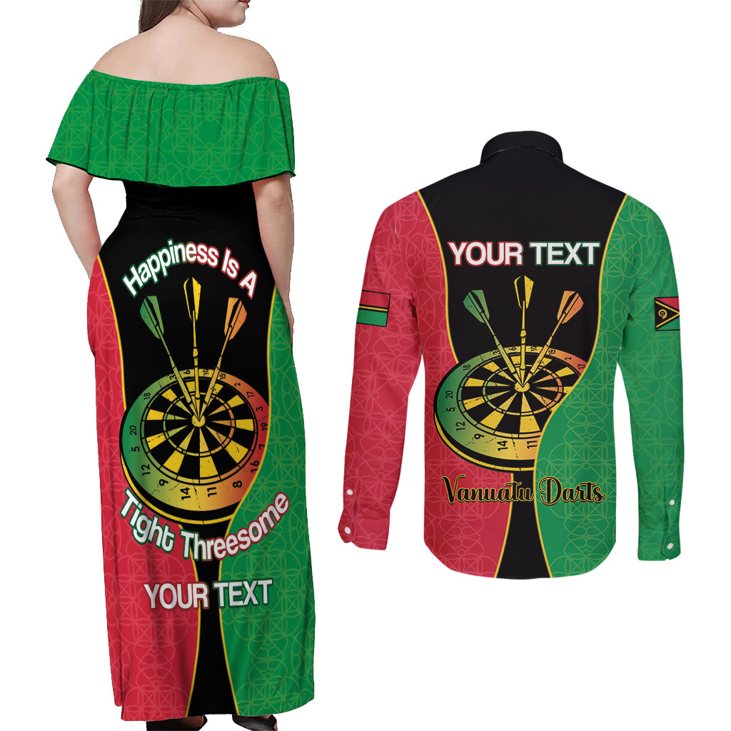 Personalised Vanuatu Darts Couples Matching Off Shoulder Maxi Dress and Long Sleeve Button Shirt Happiness Is A Tight Threesome Sand Drawing Art