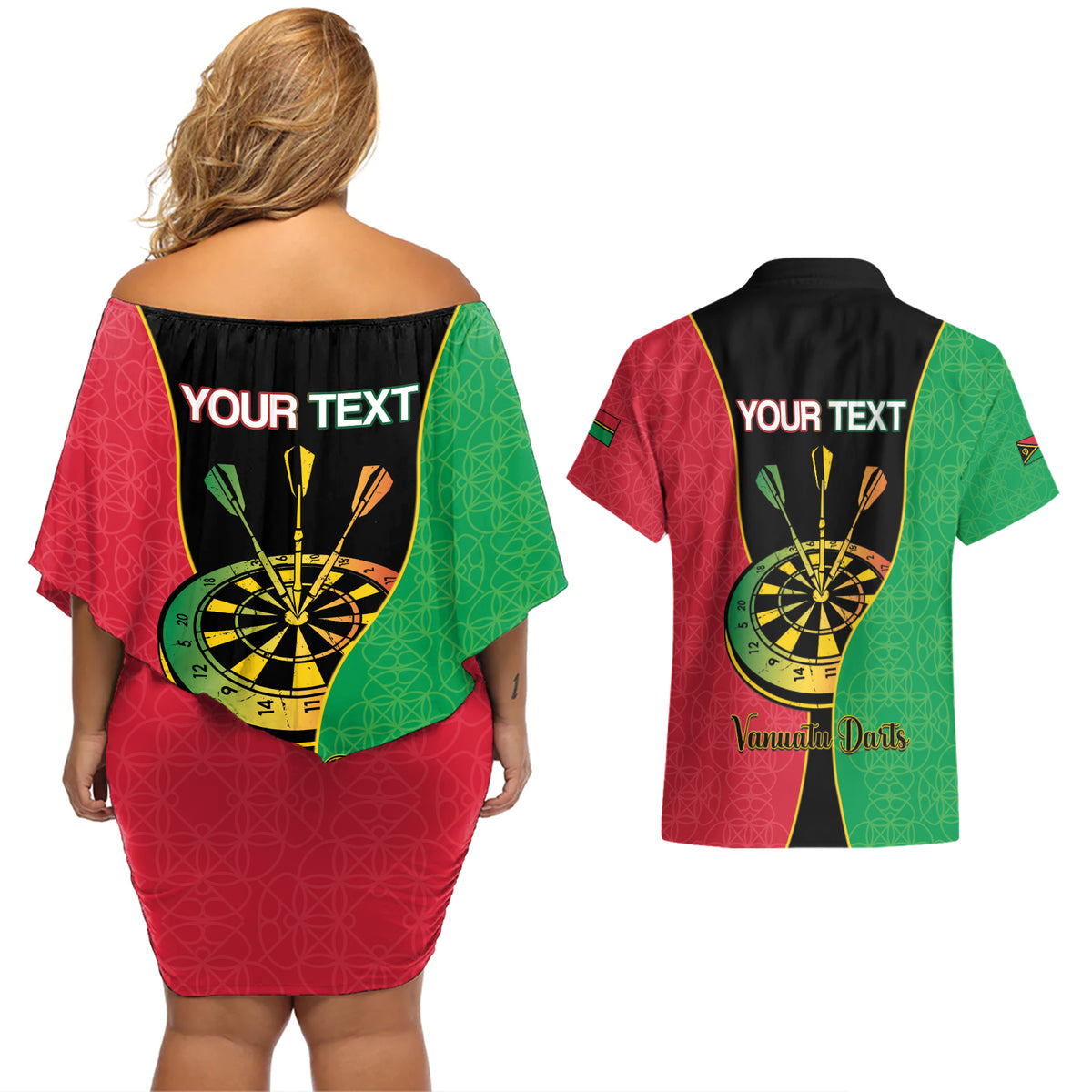 Personalised Vanuatu Darts Couples Matching Off Shoulder Short Dress and Hawaiian Shirt Happiness Is A Tight Threesome Sand Drawing Art