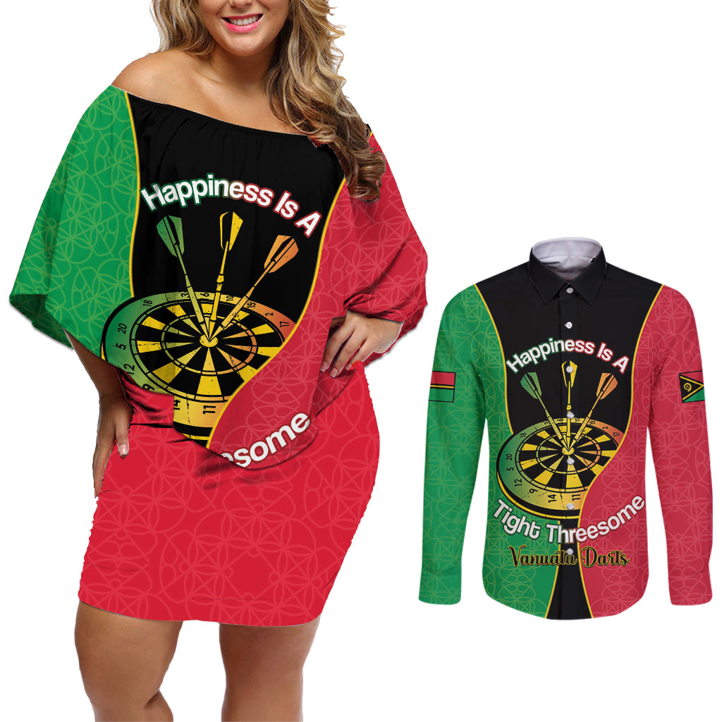 Personalised Vanuatu Darts Couples Matching Off Shoulder Short Dress and Long Sleeve Button Shirt Happiness Is A Tight Threesome Sand Drawing Art