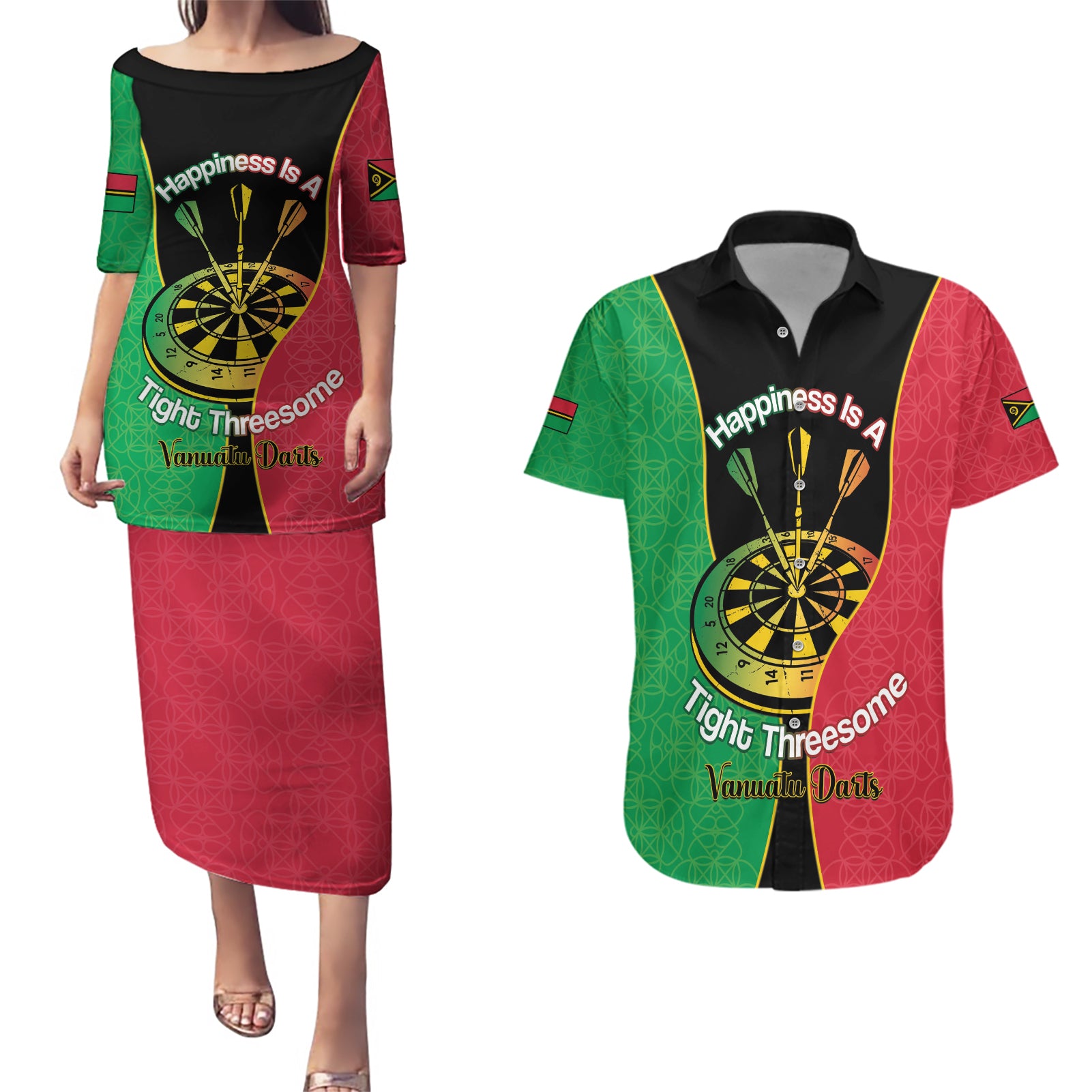Personalised Vanuatu Darts Couples Matching Puletasi and Hawaiian Shirt Happiness Is A Tight Threesome Sand Drawing Art