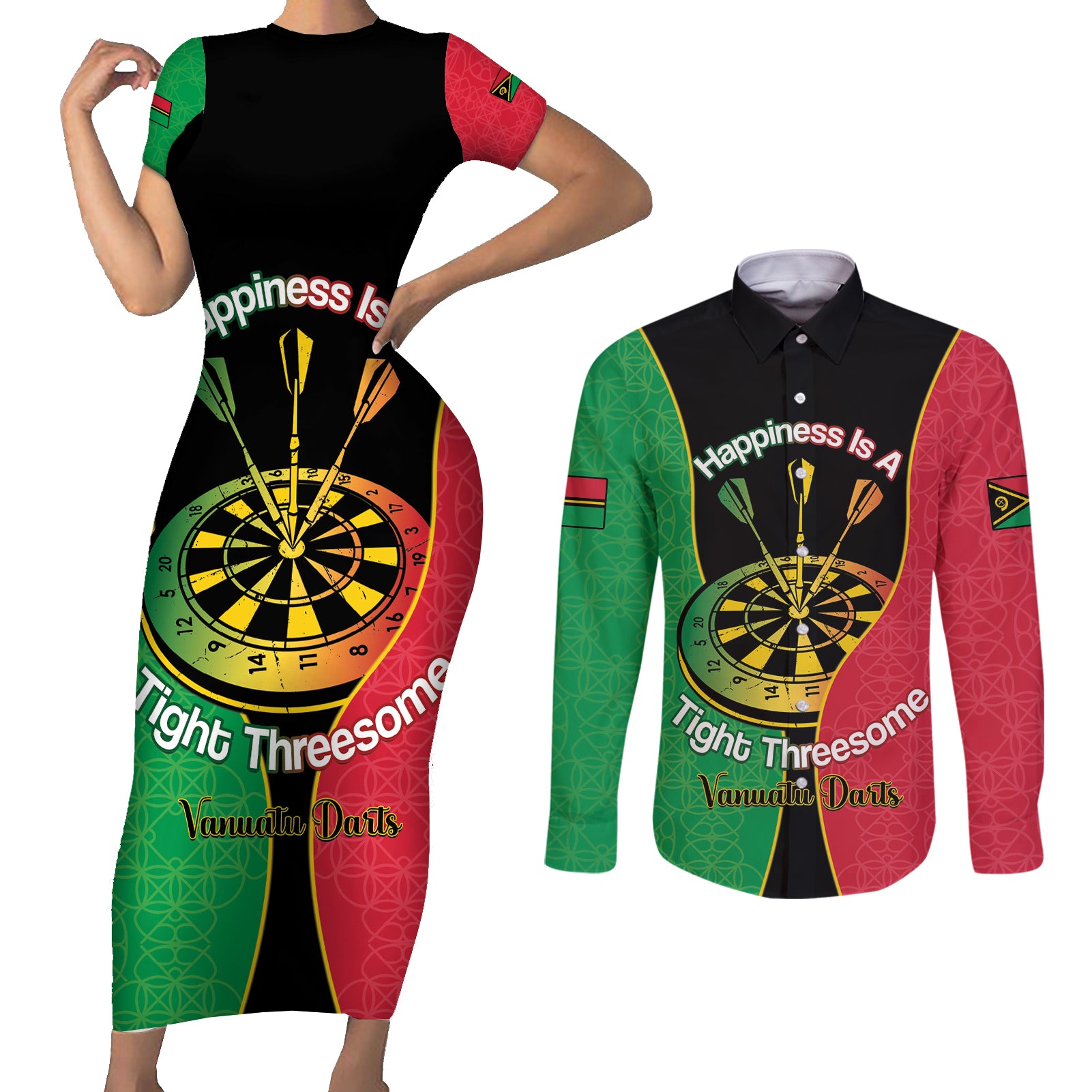Personalised Vanuatu Darts Couples Matching Short Sleeve Bodycon Dress and Long Sleeve Button Shirt Happiness Is A Tight Threesome Sand Drawing Art