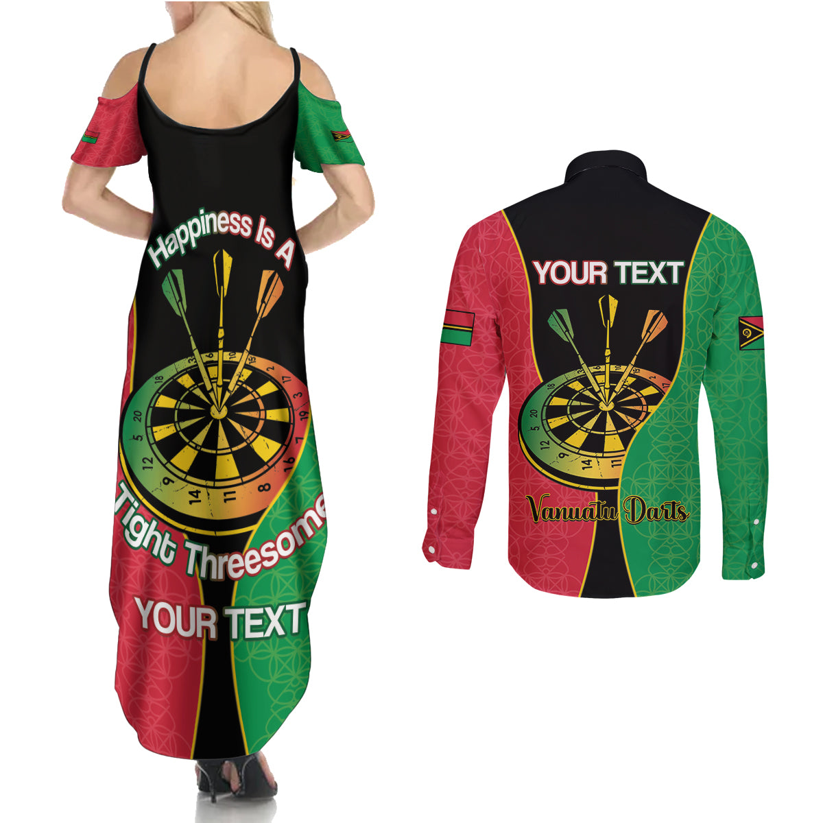 Personalised Vanuatu Darts Couples Matching Summer Maxi Dress and Long Sleeve Button Shirt Happiness Is A Tight Threesome Sand Drawing Art