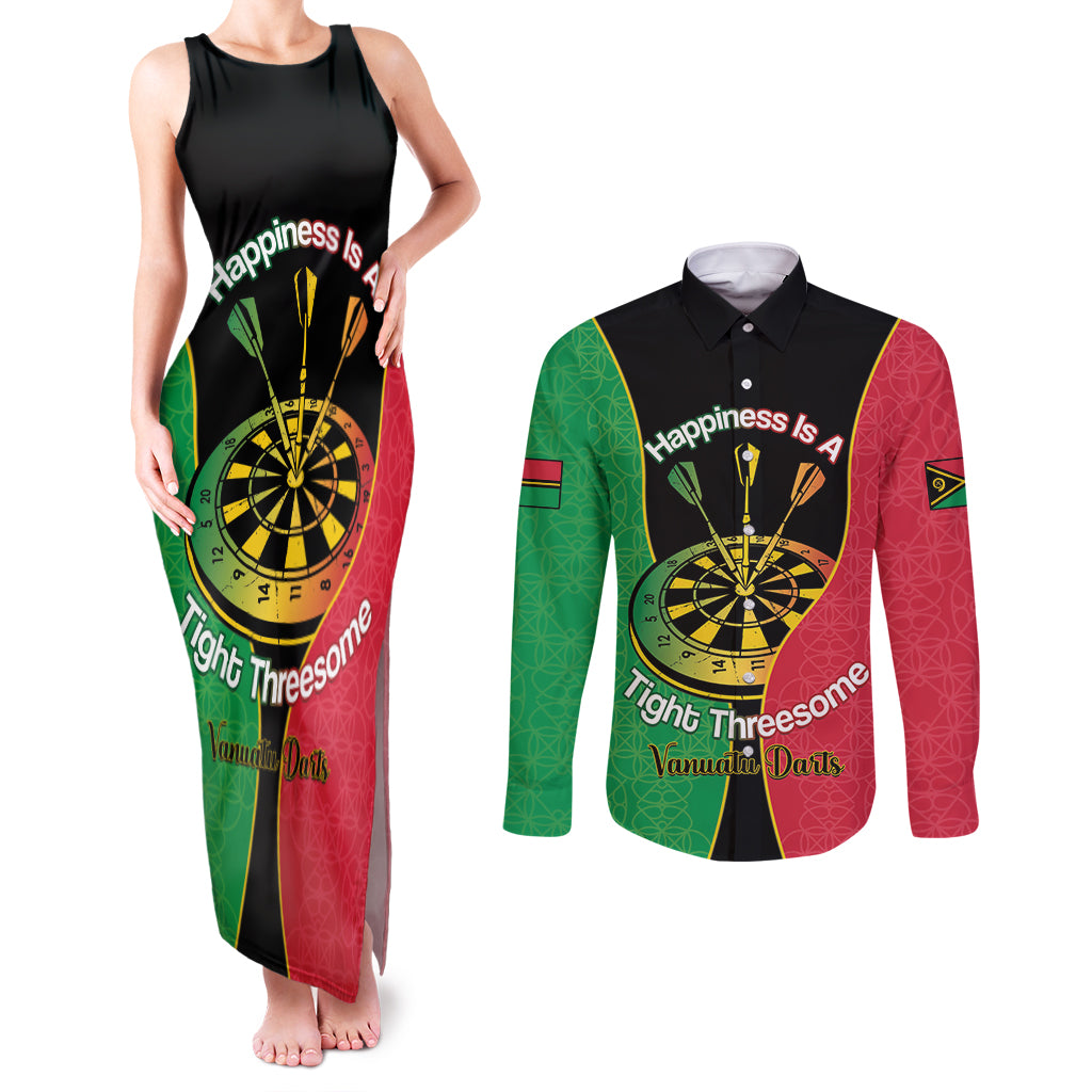 Personalised Vanuatu Darts Couples Matching Tank Maxi Dress and Long Sleeve Button Shirt Happiness Is A Tight Threesome Sand Drawing Art