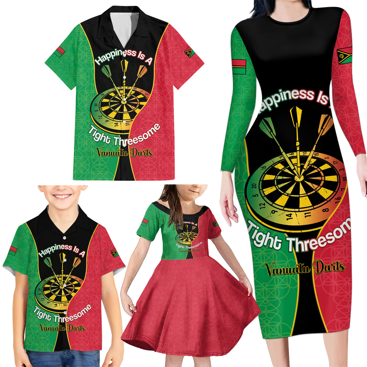 Personalised Vanuatu Darts Family Matching Long Sleeve Bodycon Dress and Hawaiian Shirt Happiness Is A Tight Threesome Sand Drawing Art LT14 - Polynesian Pride