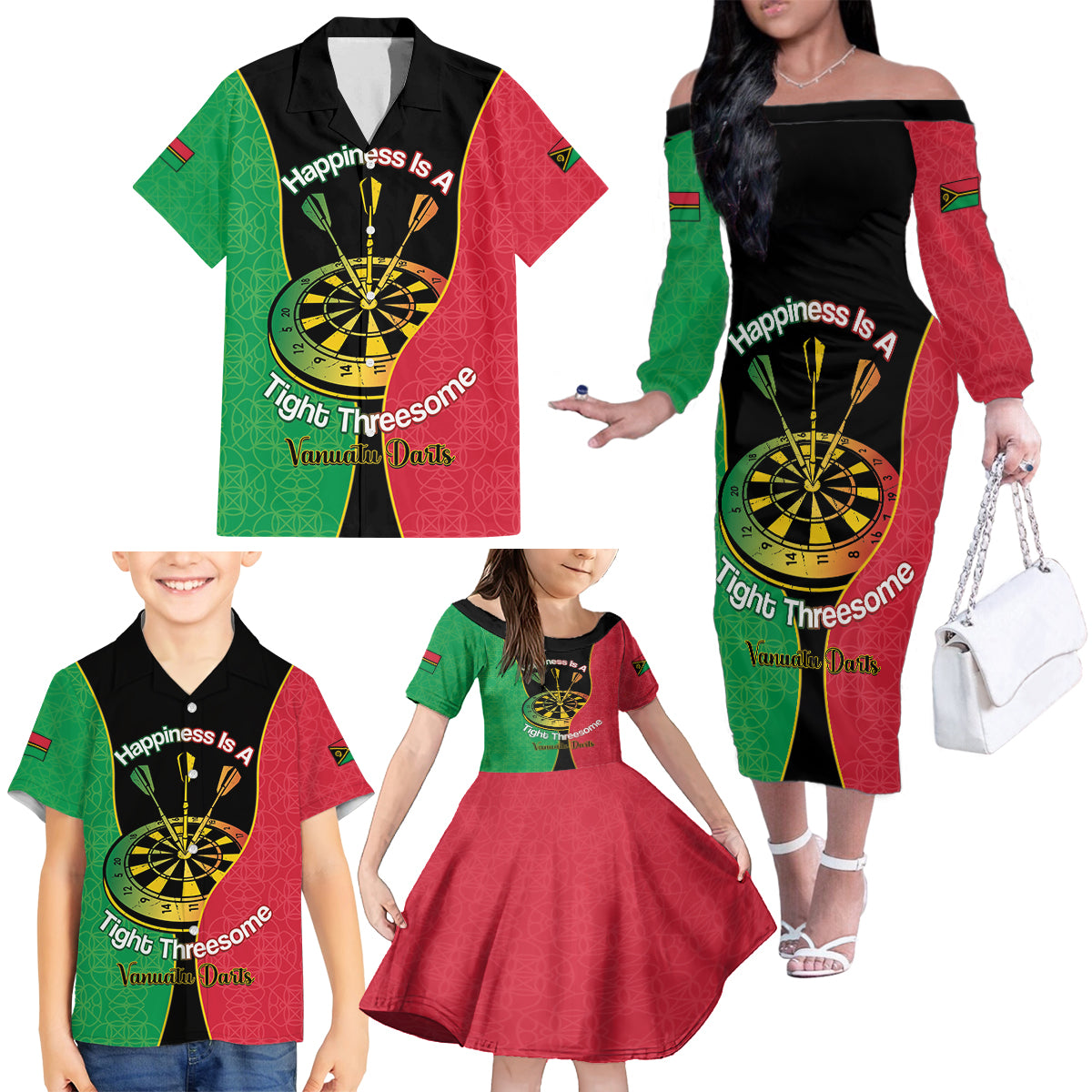 Personalised Vanuatu Darts Family Matching Off The Shoulder Long Sleeve Dress and Hawaiian Shirt Happiness Is A Tight Threesome Sand Drawing Art LT14 - Polynesian Pride