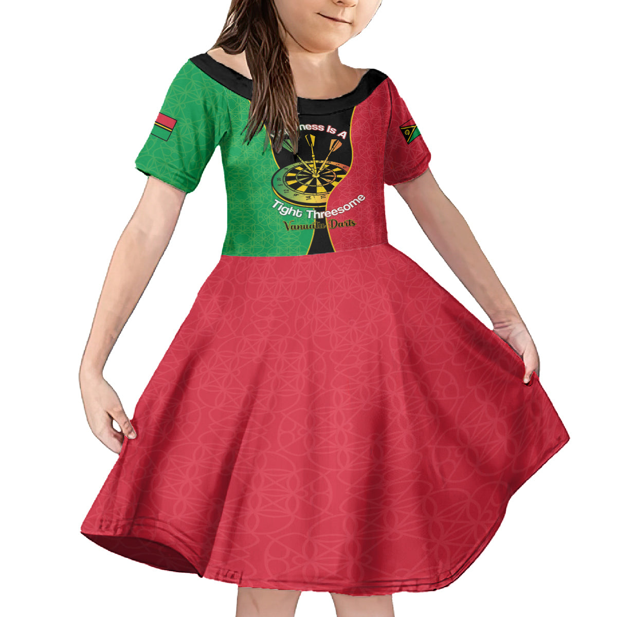 Personalised Vanuatu Darts Family Matching Off Shoulder Short Dress and Hawaiian Shirt Happiness Is A Tight Threesome Sand Drawing Art LT14 Daughter's Dress Red - Polynesian Pride