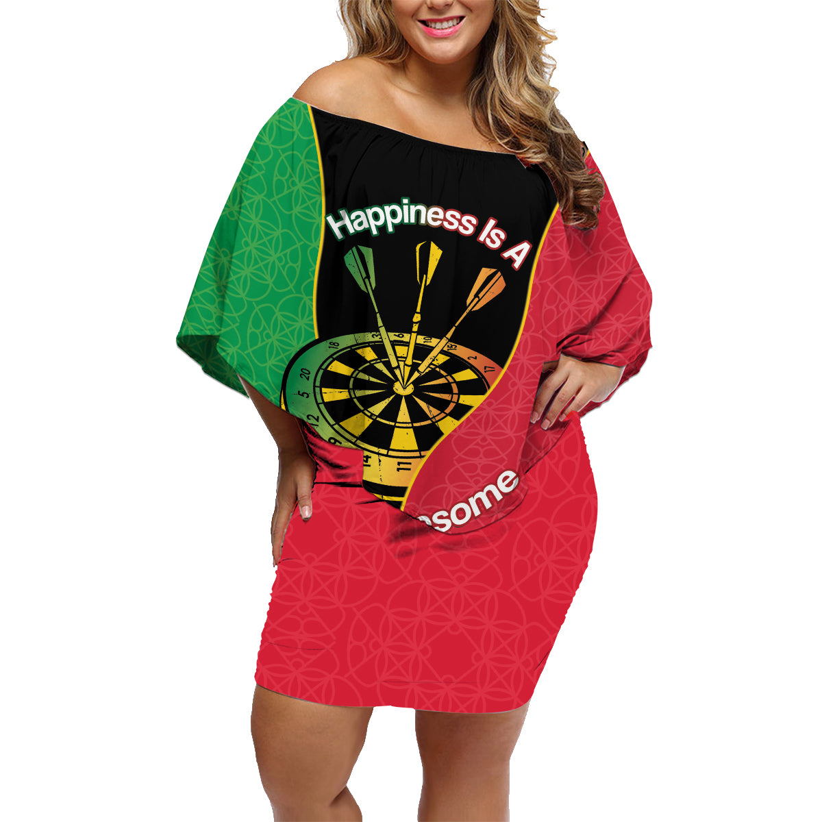 Personalised Vanuatu Darts Family Matching Off Shoulder Short Dress and Hawaiian Shirt Happiness Is A Tight Threesome Sand Drawing Art LT14 Mom's Dress Red - Polynesian Pride