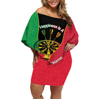 Personalised Vanuatu Darts Family Matching Off Shoulder Short Dress and Hawaiian Shirt Happiness Is A Tight Threesome Sand Drawing Art LT14 Mom's Dress Red - Polynesian Pride