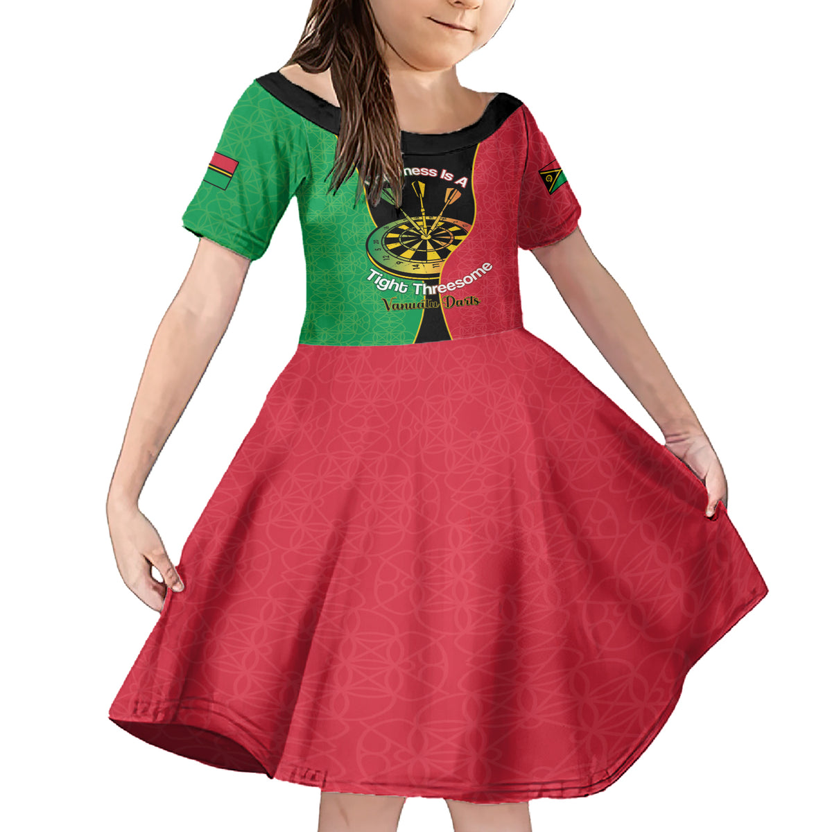 Personalised Vanuatu Darts Family Matching Short Sleeve Bodycon Dress and Hawaiian Shirt Happiness Is A Tight Threesome Sand Drawing Art LT14 Daughter's Dress Red - Polynesian Pride