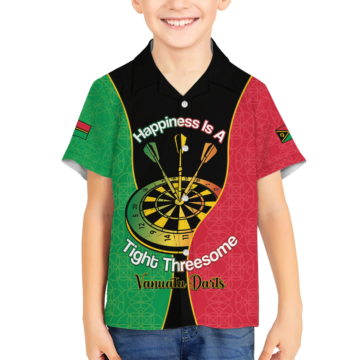 Personalised Vanuatu Darts Family Matching Short Sleeve Bodycon Dress and Hawaiian Shirt Happiness Is A Tight Threesome Sand Drawing Art LT14 Son's Shirt Red - Polynesian Pride
