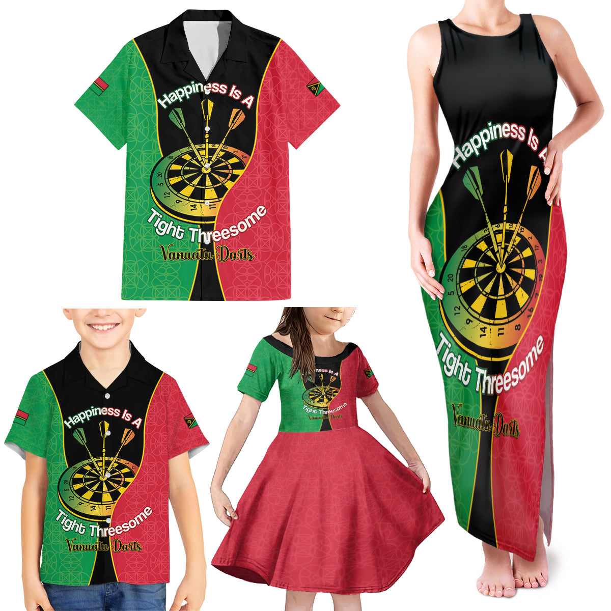 Personalised Vanuatu Darts Family Matching Tank Maxi Dress and Hawaiian Shirt Happiness Is A Tight Threesome Sand Drawing Art