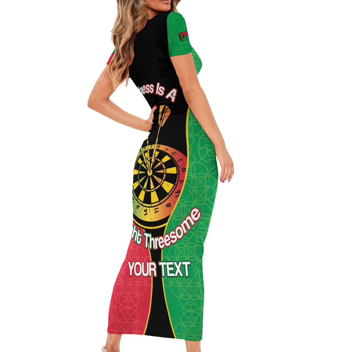 Personalised Vanuatu Darts Short Sleeve Bodycon Dress Happiness Is A Tight Threesome Sand Drawing Art