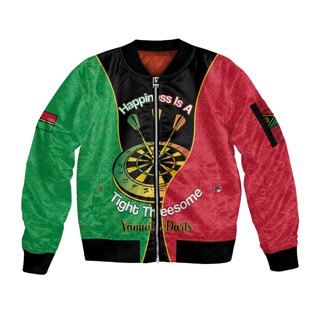 Personalised Vanuatu Darts Sleeve Zip Bomber Jacket Happiness Is A Tight Threesome Sand Drawing Art