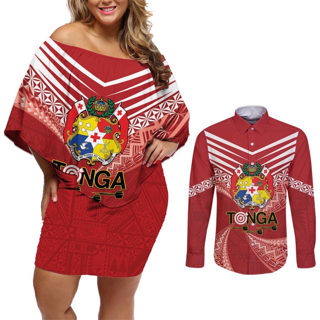 Tonga Darts Couples Matching Off Shoulder Short Dress and Long Sleeve Button Shirt Tongan Ngatu Pattern LT14 Red - Polynesian Pride