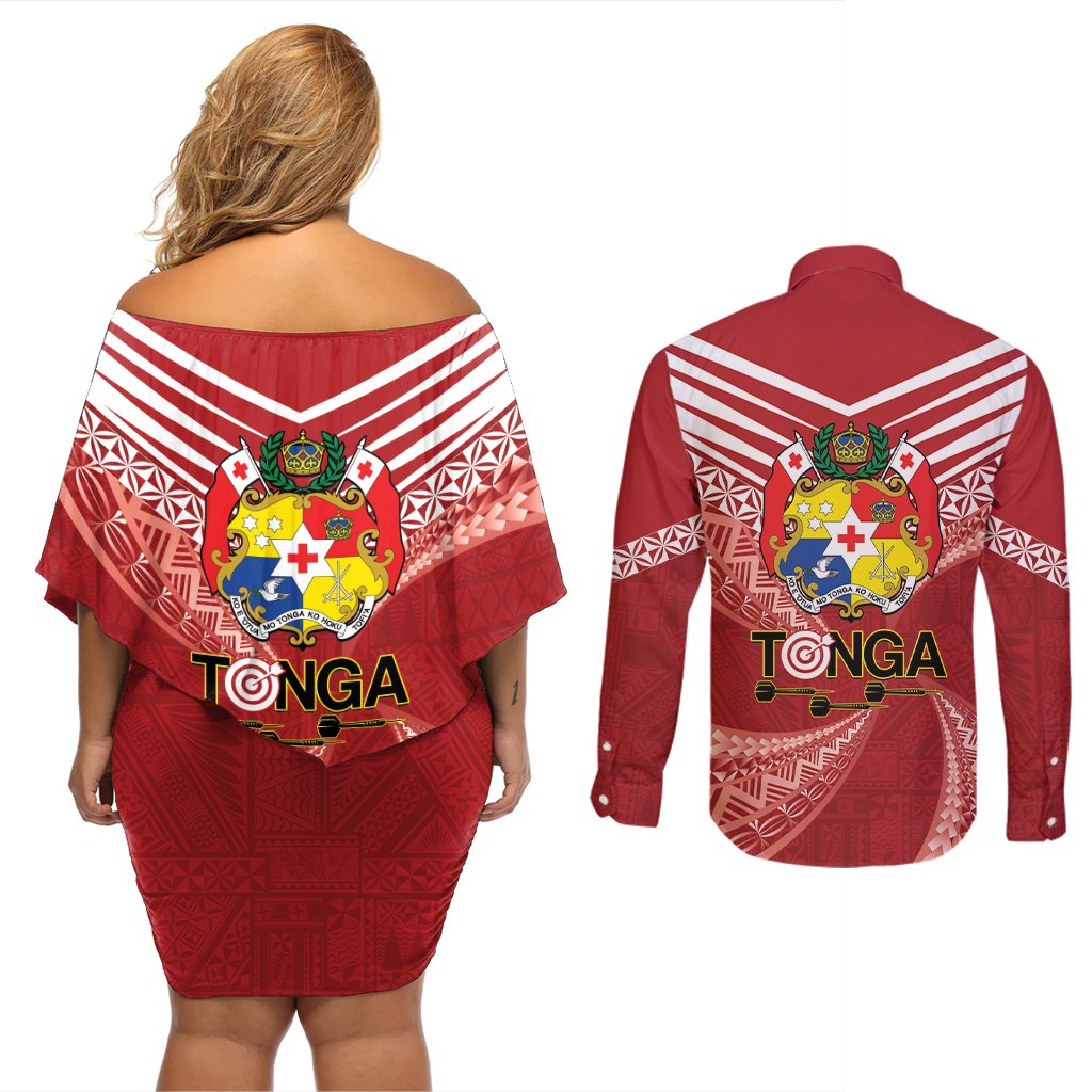 Tonga Darts Couples Matching Off Shoulder Short Dress and Long Sleeve Button Shirt Tongan Ngatu Pattern LT14 - Polynesian Pride