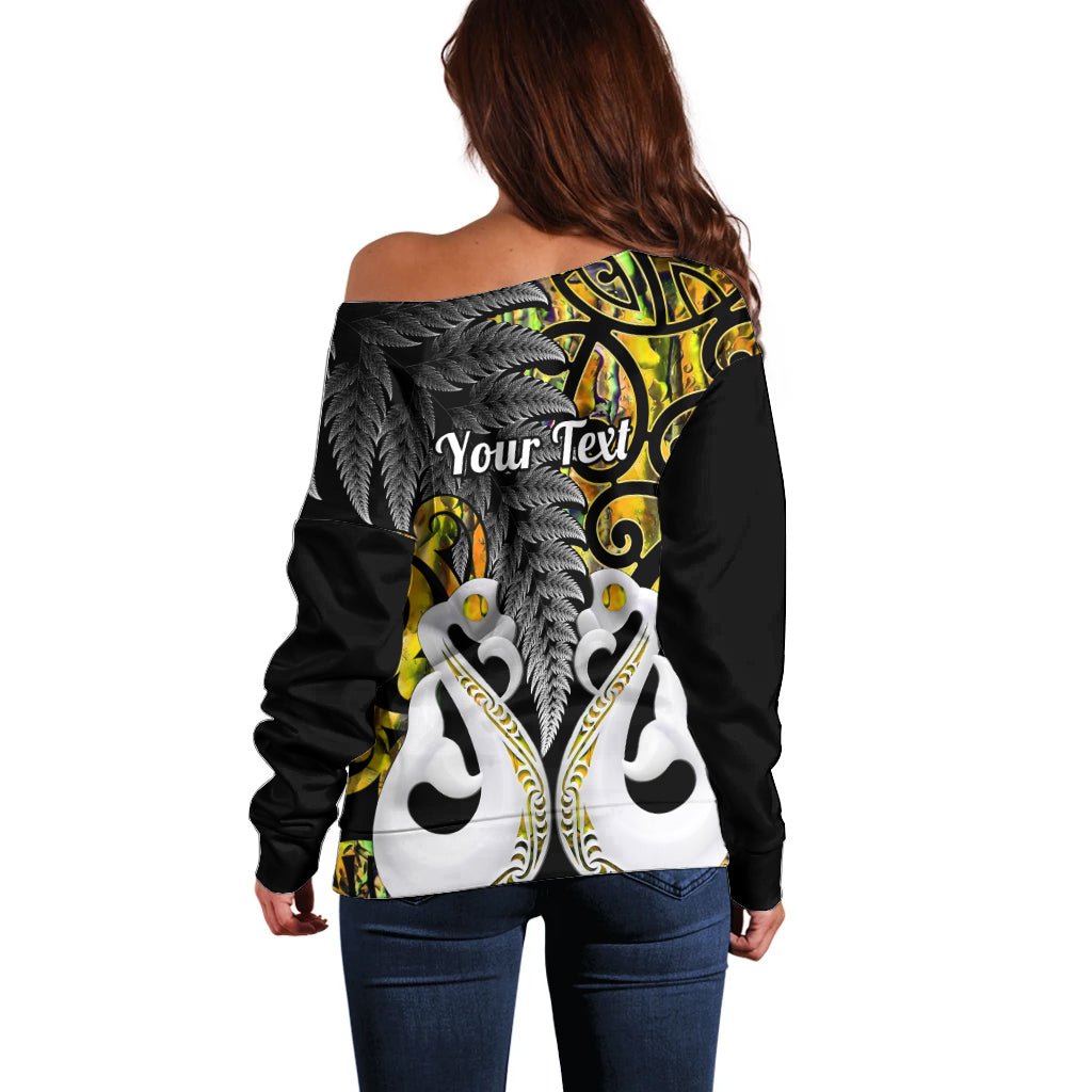 Personalised New Zealand Off Shoulder Sweater Te Manaia Mangopare Maori And Fern Gold Style LT14 - Polynesian Pride