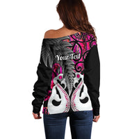 Personalised New Zealand Off Shoulder Sweater Te Manaia Mangopare Maori And Fern Pink Style LT14 - Polynesian Pride