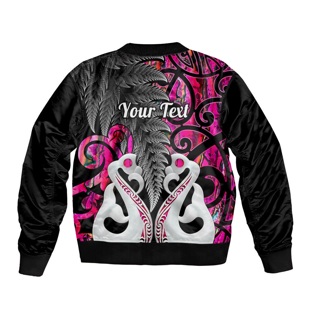 Personalised New Zealand Sleeve Zip Bomber Jacket Te Manaia Mangopare Maori And Fern Pink Style LT14 - Polynesian Pride