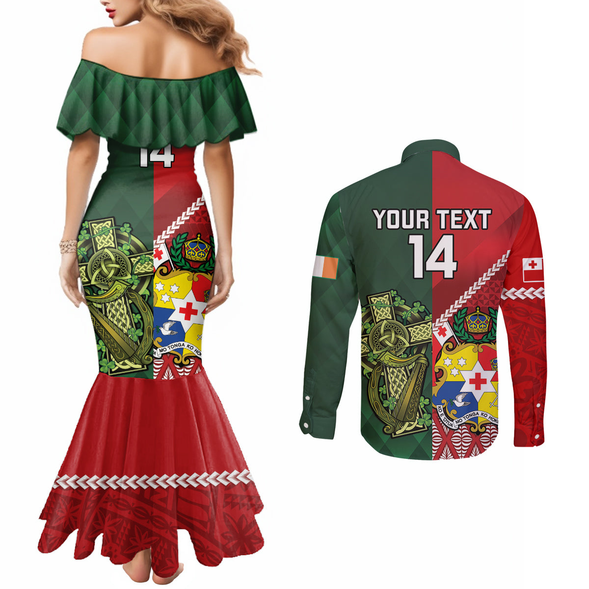 Custom Samoa And Ireland Rugby Couples Matching Mermaid Dress and Long Sleeve Button Shirt Ikale Tahi With Shamrocks