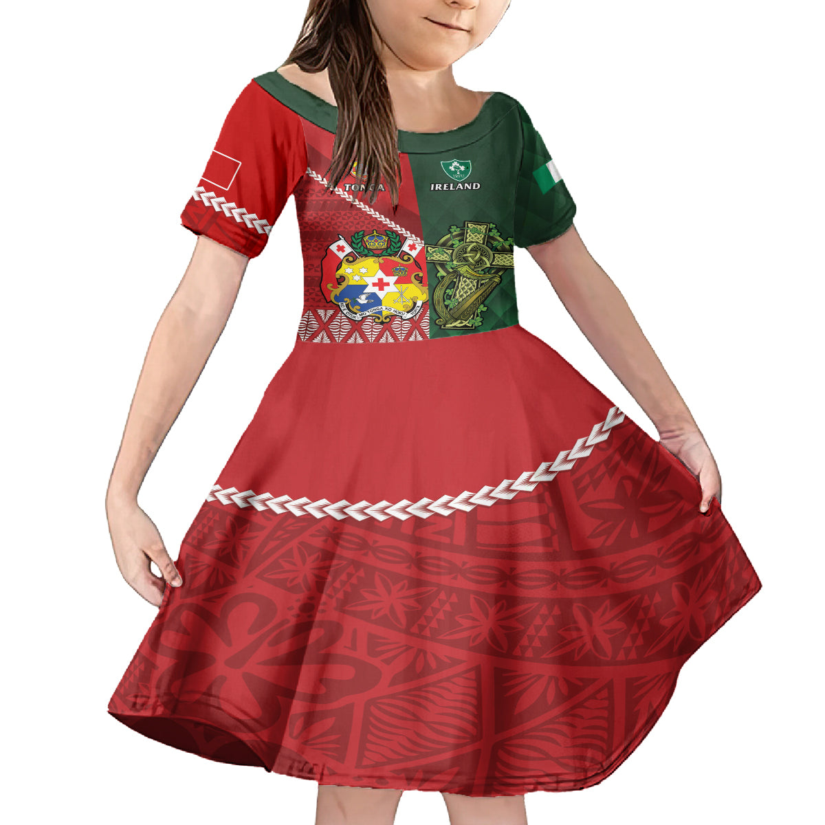 Custom Tonga And Ireland Rugby Family Matching Long Sleeve Bodycon Dress and Hawaiian Shirt Ikale Tahi With Shamrocks LT14 Daughter's Dress Red - Polynesian Pride
