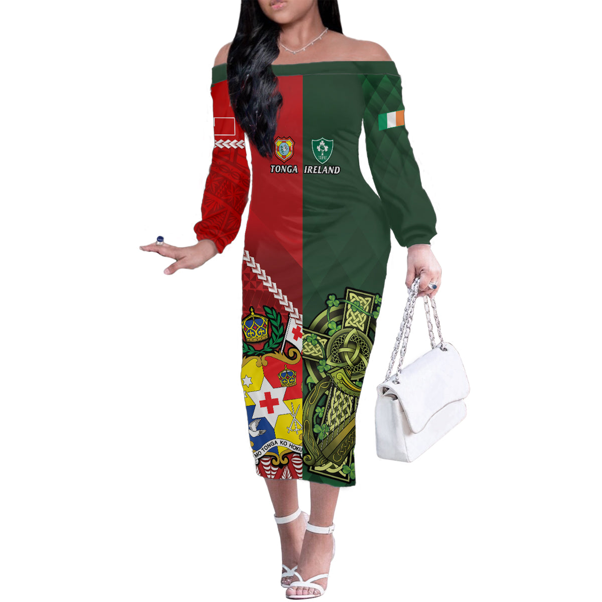 Custom Tonga And Ireland Rugby Family Matching Off The Shoulder Long Sleeve Dress and Hawaiian Shirt Ikale Tahi With Shamrocks LT14 Mom's Dress Red - Polynesian Pride