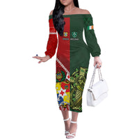 Custom Tonga And Ireland Rugby Family Matching Off The Shoulder Long Sleeve Dress and Hawaiian Shirt Ikale Tahi With Shamrocks LT14 Mom's Dress Red - Polynesian Pride