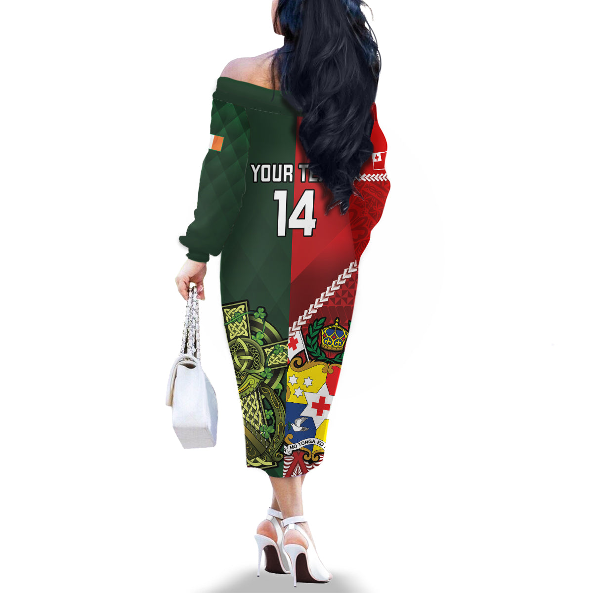 Custom Tonga And Ireland Rugby Family Matching Off The Shoulder Long Sleeve Dress and Hawaiian Shirt Ikale Tahi With Shamrocks LT14 - Polynesian Pride