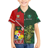 Custom Tonga And Ireland Rugby Family Matching Off The Shoulder Long Sleeve Dress and Hawaiian Shirt Ikale Tahi With Shamrocks LT14 Son's Shirt Red - Polynesian Pride
