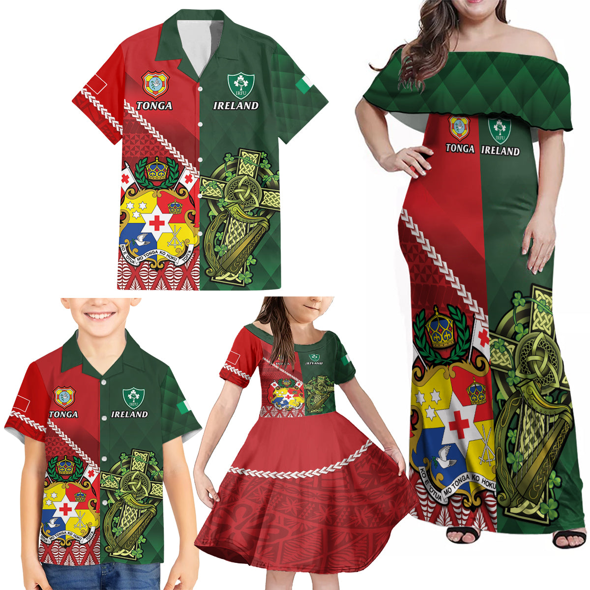 Custom Tonga And Ireland Rugby Family Matching Off Shoulder Maxi Dress and Hawaiian Shirt Ikale Tahi With Shamrocks LT14 - Polynesian Pride