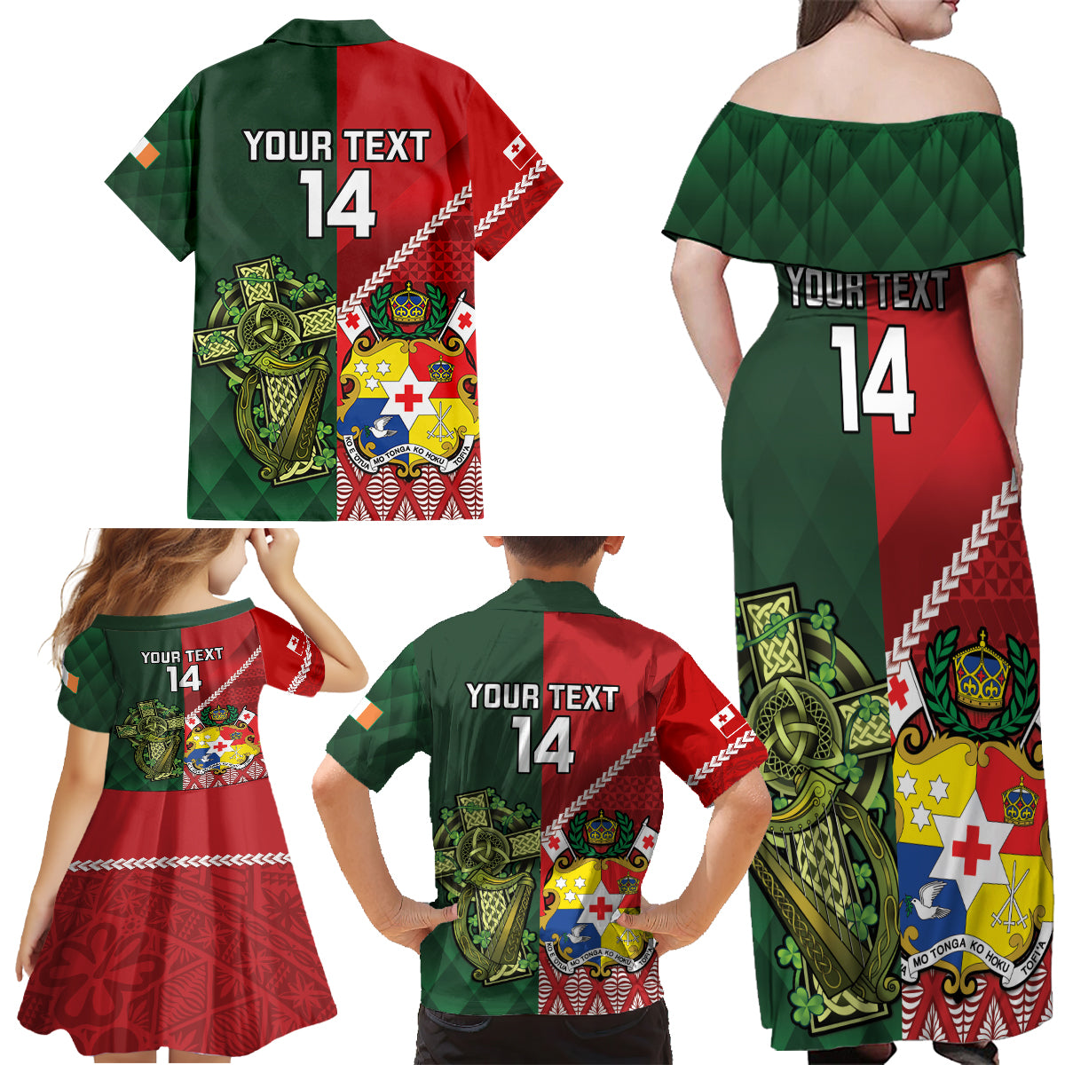 Custom Tonga And Ireland Rugby Family Matching Off Shoulder Maxi Dress and Hawaiian Shirt Ikale Tahi With Shamrocks LT14 - Polynesian Pride