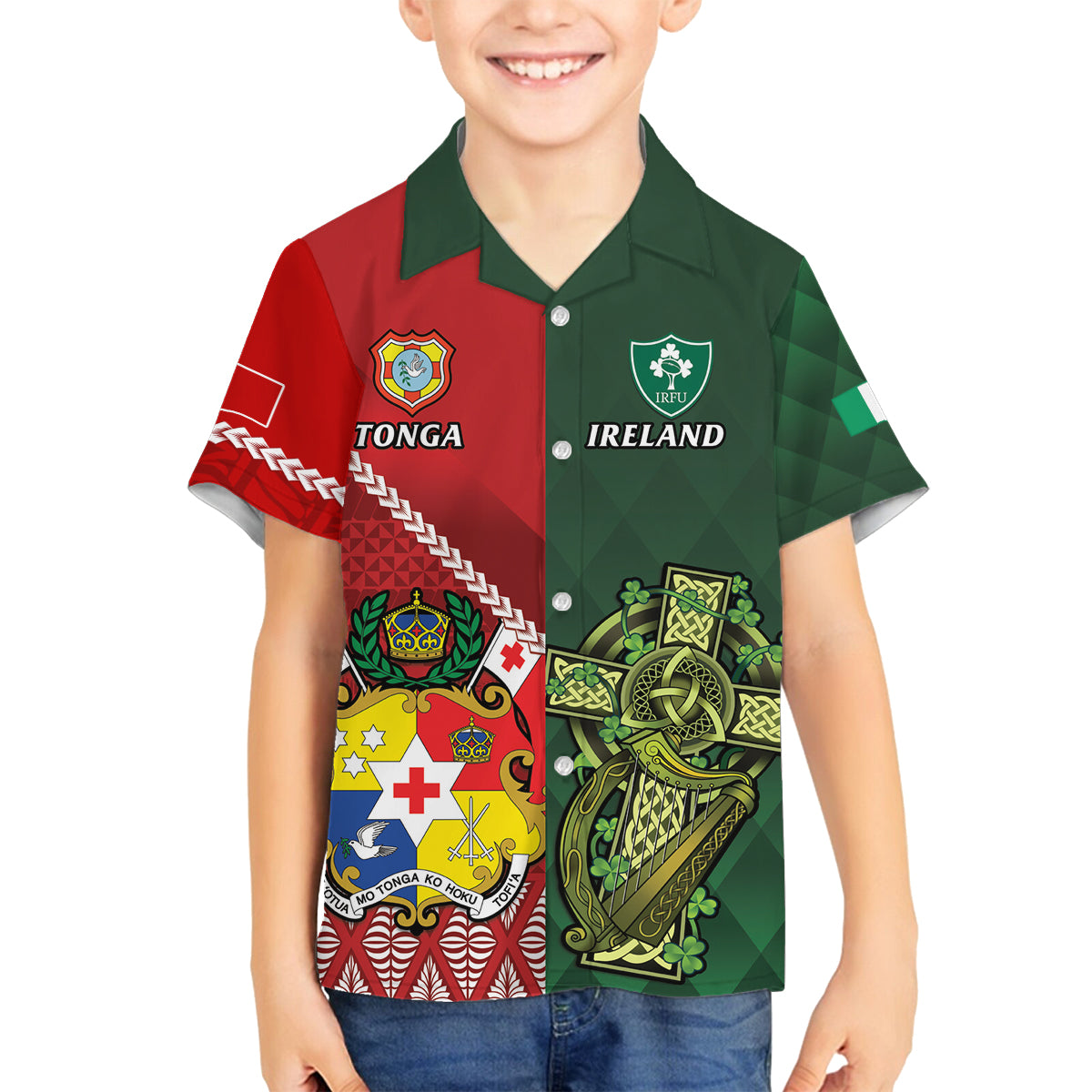 Custom Tonga And Ireland Rugby Family Matching Off Shoulder Maxi Dress and Hawaiian Shirt Ikale Tahi With Shamrocks LT14 Son's Shirt Red - Polynesian Pride