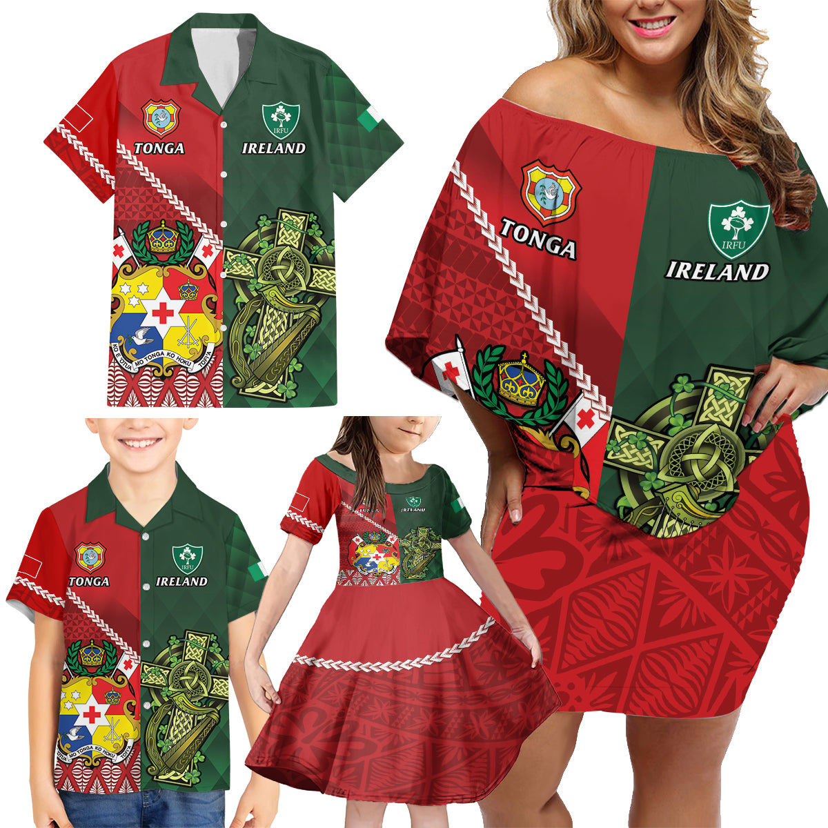 Custom Tonga And Ireland Rugby Family Matching Off Shoulder Short Dress and Hawaiian Shirt Ikale Tahi With Shamrocks LT14 - Polynesian Pride