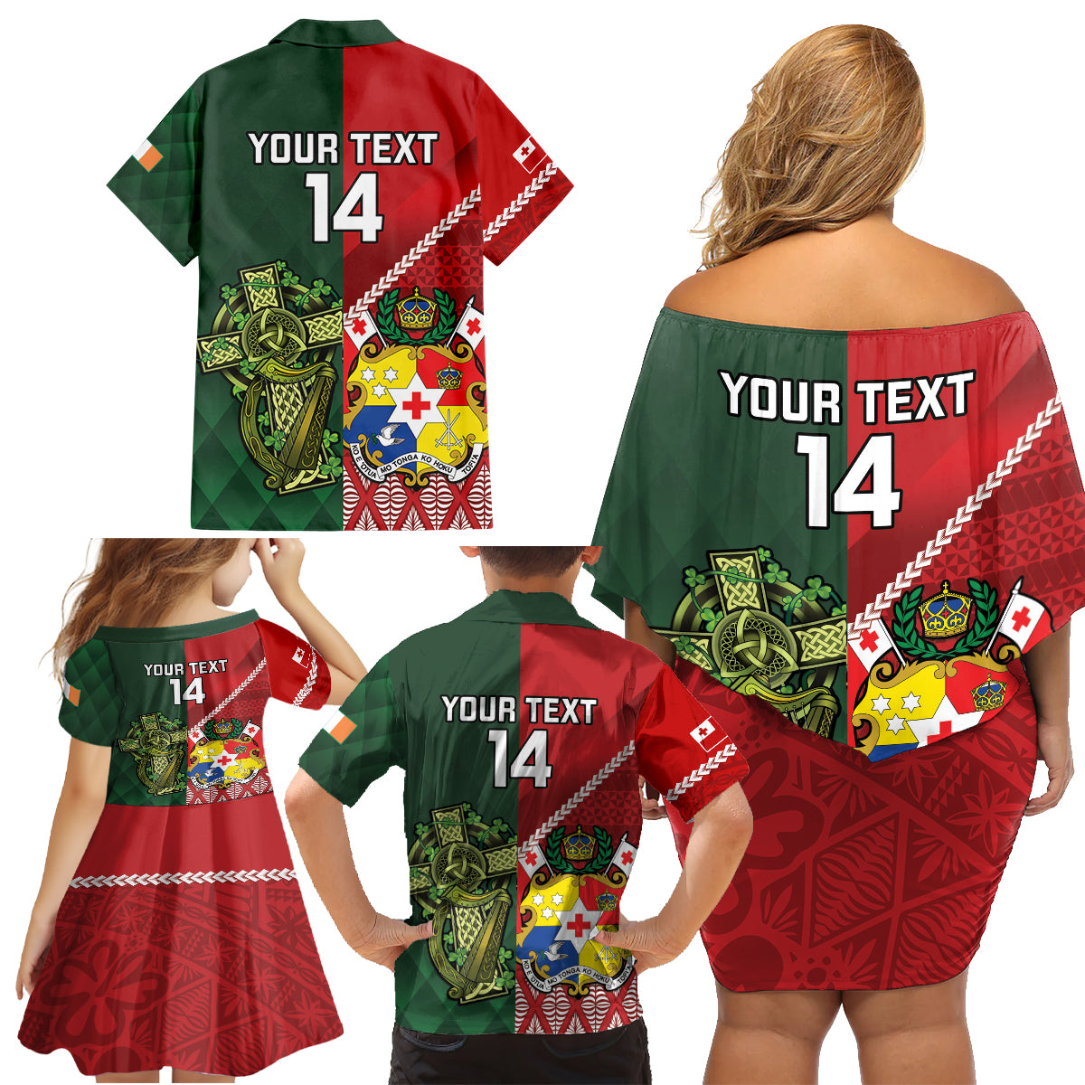 Custom Tonga And Ireland Rugby Family Matching Off Shoulder Short Dress and Hawaiian Shirt Ikale Tahi With Shamrocks LT14 - Polynesian Pride