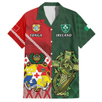 Custom Tonga And Ireland Rugby Family Matching Off Shoulder Short Dress and Hawaiian Shirt Ikale Tahi With Shamrocks LT14 Dad's Shirt - Short Sleeve Red - Polynesian Pride