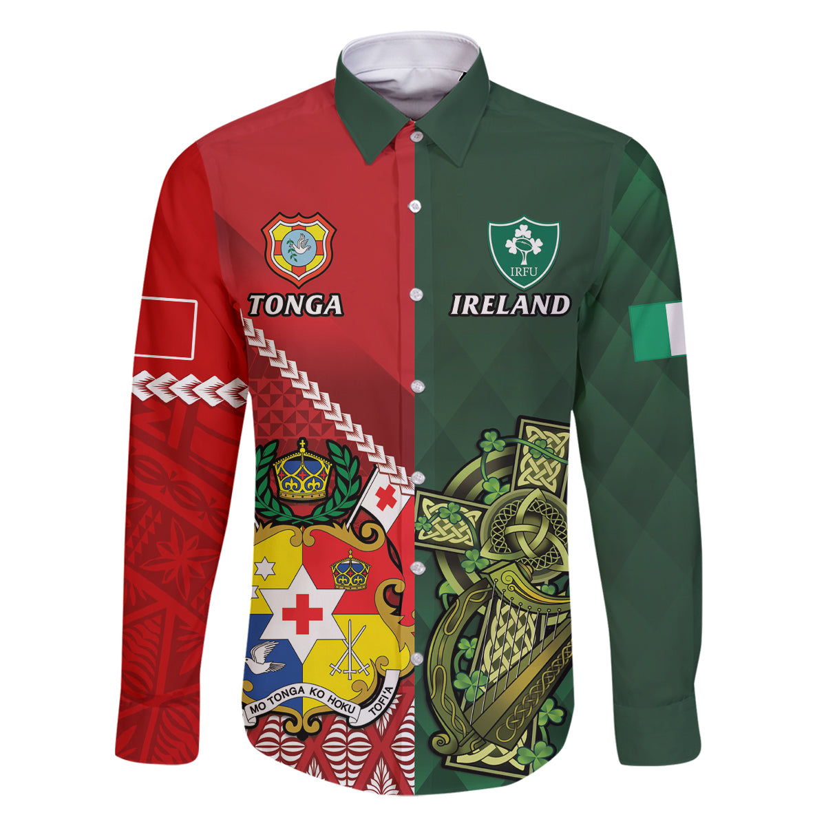 Custom Tonga And Ireland Rugby Family Matching Off Shoulder Short Dress and Hawaiian Shirt Ikale Tahi With Shamrocks LT14 Dad's Shirt - Long Sleeve Red - Polynesian Pride