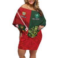 Custom Tonga And Ireland Rugby Family Matching Off Shoulder Short Dress and Hawaiian Shirt Ikale Tahi With Shamrocks LT14 Mom's Dress Red - Polynesian Pride